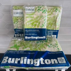 Vintage Burlington Shadow Fern Green Queen Sheet Set Flat Fitted and 2 Cases New in packages.  All items are new in plastic packages Unused