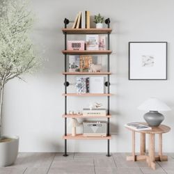 Pipe Industrial Shelves, Wall Mounted Wood Metal Ladder Rustic Bookshelf (Weathered Brown, 6 Tier - 10" D x 30" W x 82.5" H)