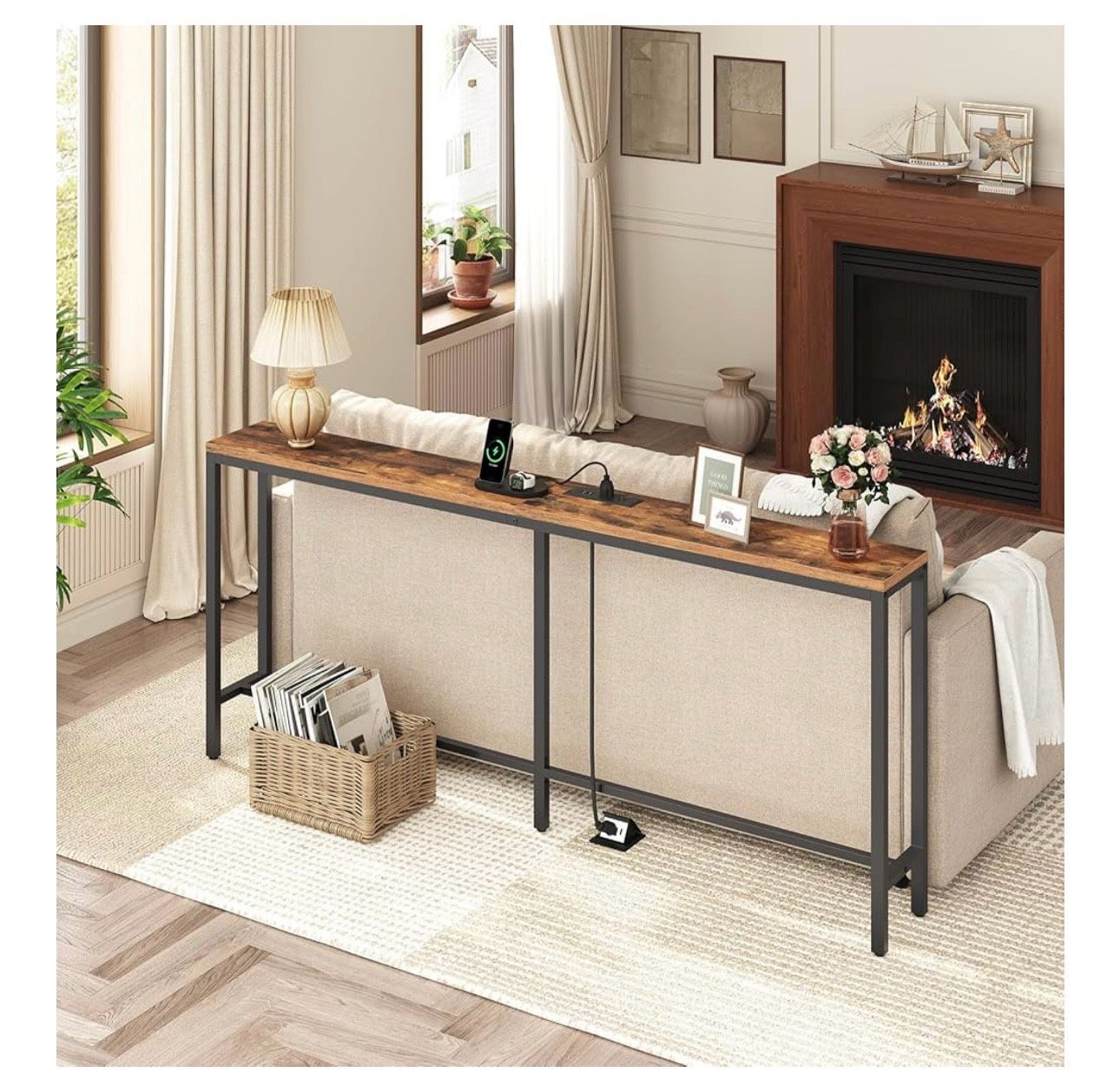 70.9'' Console Table with Power Outlet, Narrow Sofa Table, Industrial Entryway Table with USB Ports, Behind Couch for Entryway, Hallway, Foyer, Living