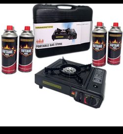 Portable Indoor Outdoor Camping Stove with Case + 4 Butane Gas Cans Bundle (Ready to Use)