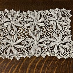 Vintage Handmade Crochet Lace Doily - 14.5" x 9.5" Pinwheel Motif - Ecru