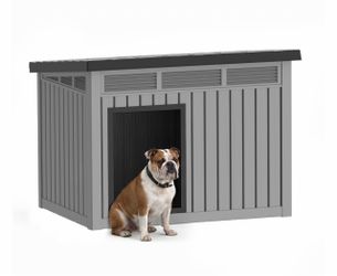 PLAYRANK Plastic Dog House with Gas Lift Sloped Roof, All Weather Waterproof Outdoor Pet Kennel with Top Air Vents, Black/Gray