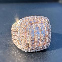 14k solid rose gold iced out 9CTW Natural baguette & round Diamond men’s bust down ring sz 9.5