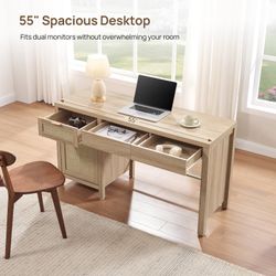 Rattan Home Office Desk with Storage, 52" Boho Executive Desk,Large Computer Table with 3 Drawers and Cabinet,Farmhouse Writing Table for Study, Offic