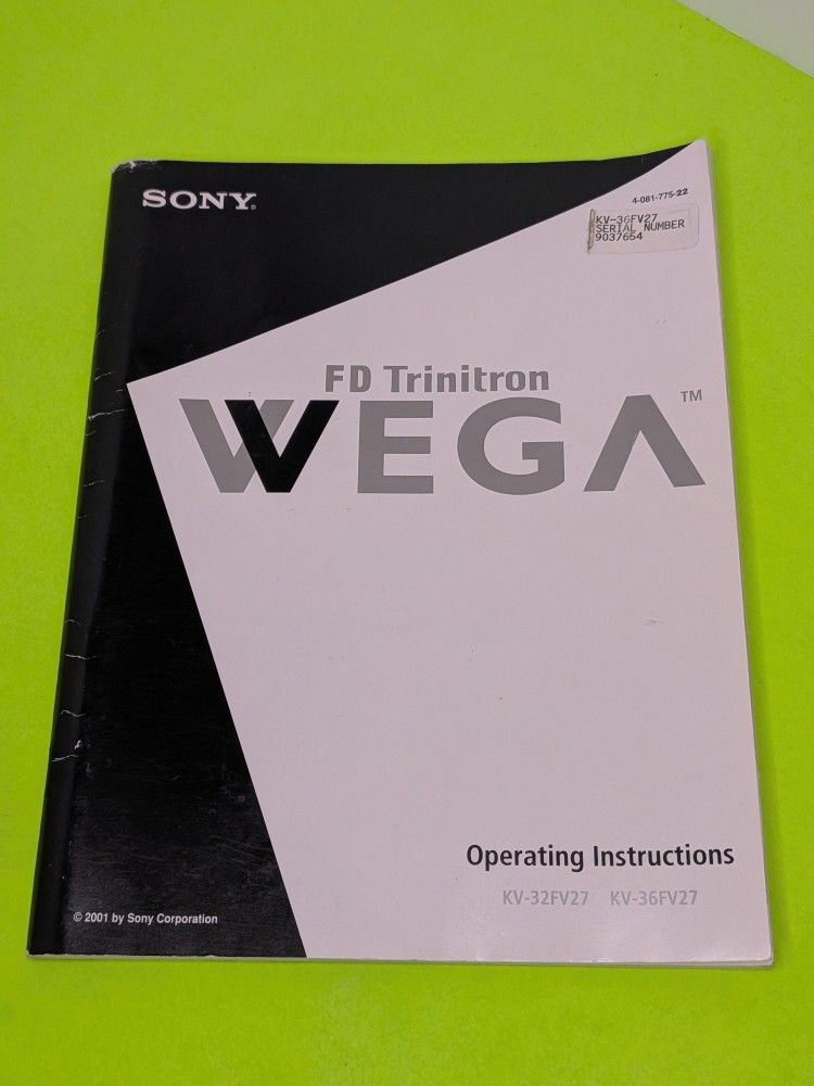 Sony FD Trinitron WEGA Operating Instructions Manual For TV Model KV-36FV27 !