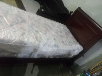 Cherry Wood Twin Sleigh Bed & Twin Mattress Set