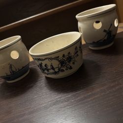 Delfts Blauw Hand-Painted Holland Pottery – Candle Holders & Bowl Set 