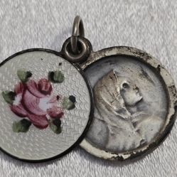 Antique Religious Medal Miraculous Holy Catholic STERLING GUILLOCHE Pendant Only