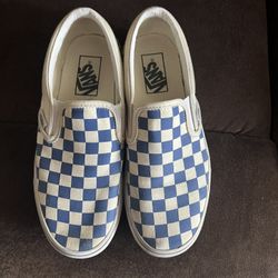 Womens Size 7 Blue Checkered Slip On Vans 
