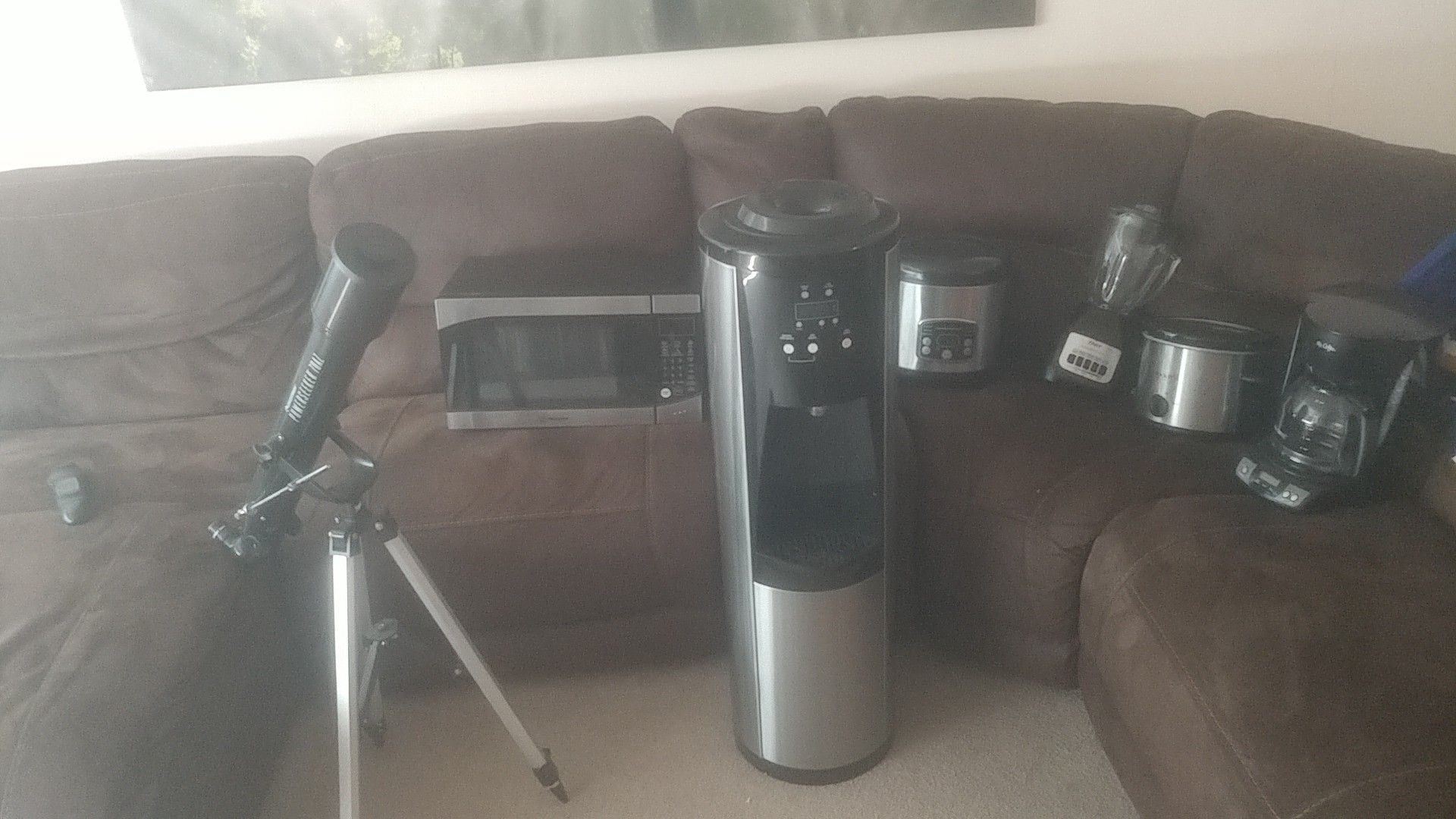 Seven items (Telescope, microwave, slow cooker, coffee maker, blender, water dispenser, rice maker