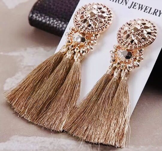 GOLD DANGLE DROP TASSEL FRINGE STATEMENT EARRINGS