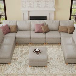 Faux Leather Sectional Sofa,U Shaped Modular Sectional Sofa with Storage Ottoman, Whitesand