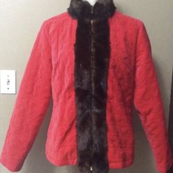 Liz Claiborne NY Red Quilted Velvet Zip Jacket Faux Fur Trim Women's Size M