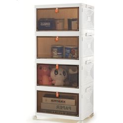 Sweetcrispy 4 Tier Stackable Plastic Storage Bins with Lid - 23QT Foldable Organizers and Storage with Magnetic Doors & Lockable Wheels, Collapsible S