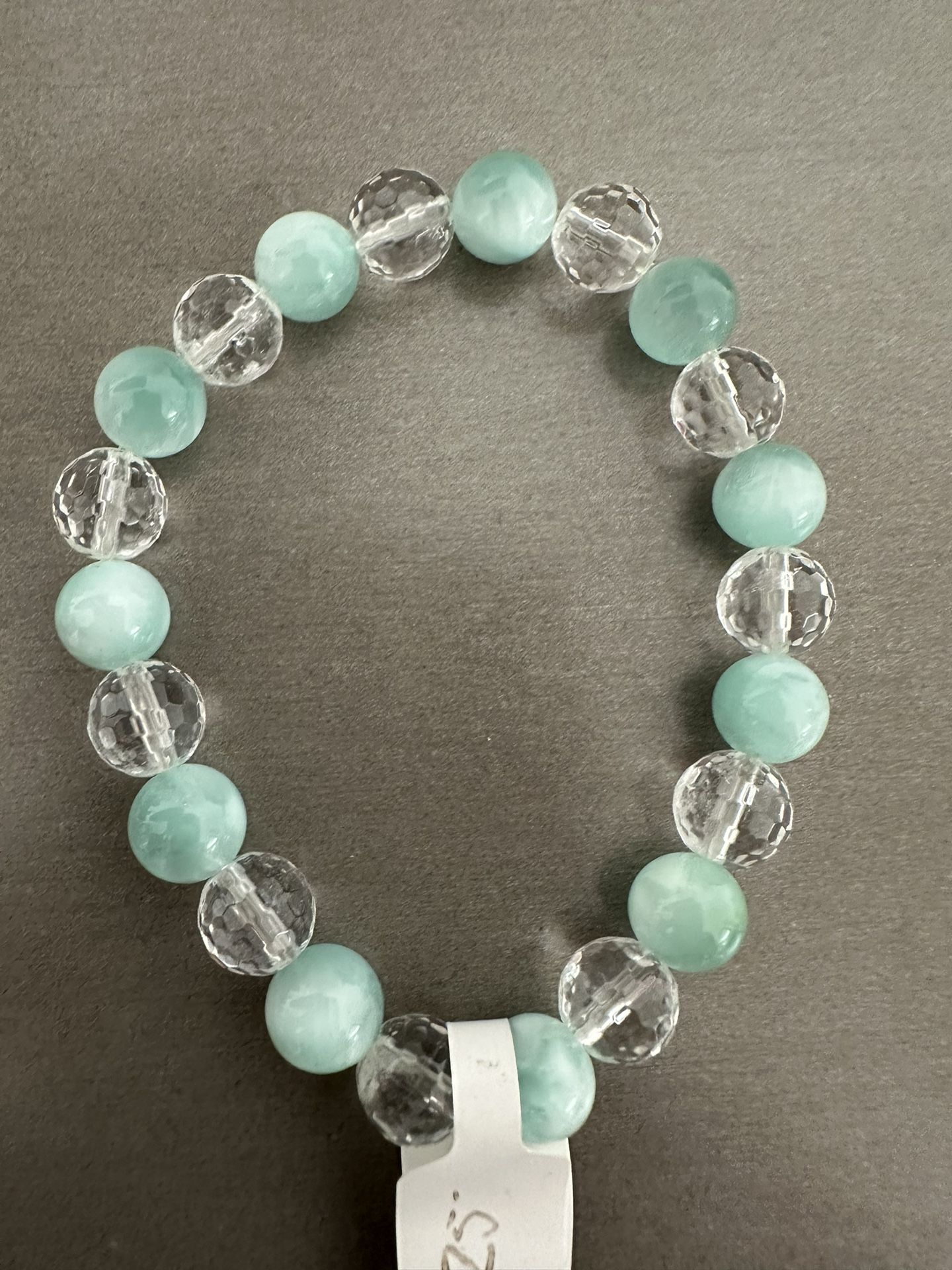 New, Beautiful Green Moonstone And Faceted Clear Quartz Crystal Bracelet. Jewelry Bag Included.