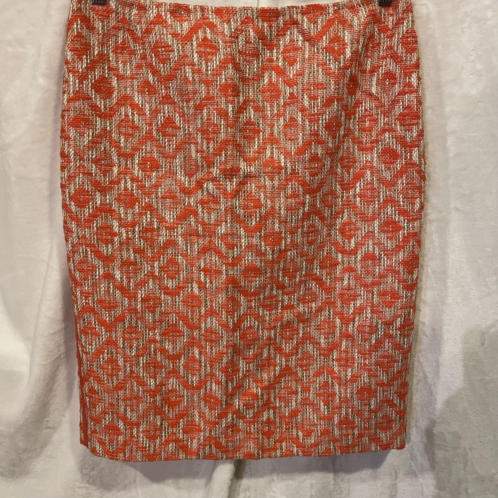 Lafayette 148 NY Orange White Fragmented Tweed Leather Trim Pencil Skirt