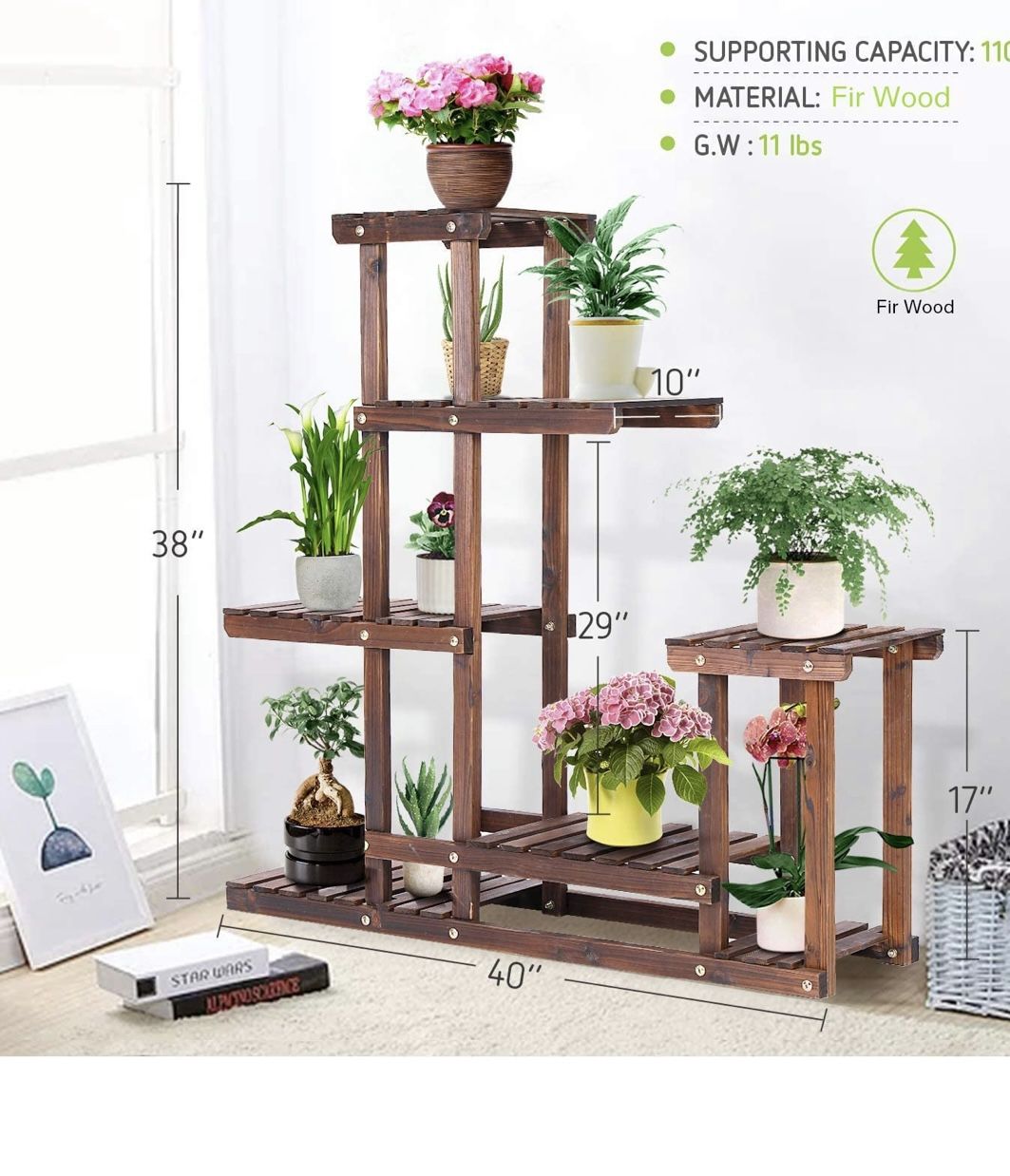 Plant Stand Indoor Plant Shelf, 6 Tiers 10 Potted Wooden Flower Holder, Tiered Plant Rack for Garden, Balcony, Patio, Corner, Window, Living Room