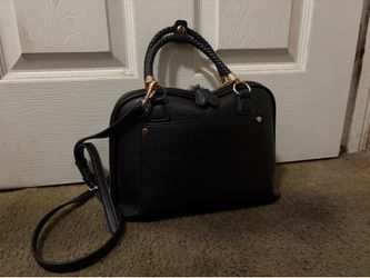 Madison West Black Braided-Handle Crossbody Satchel with Gold Hardware