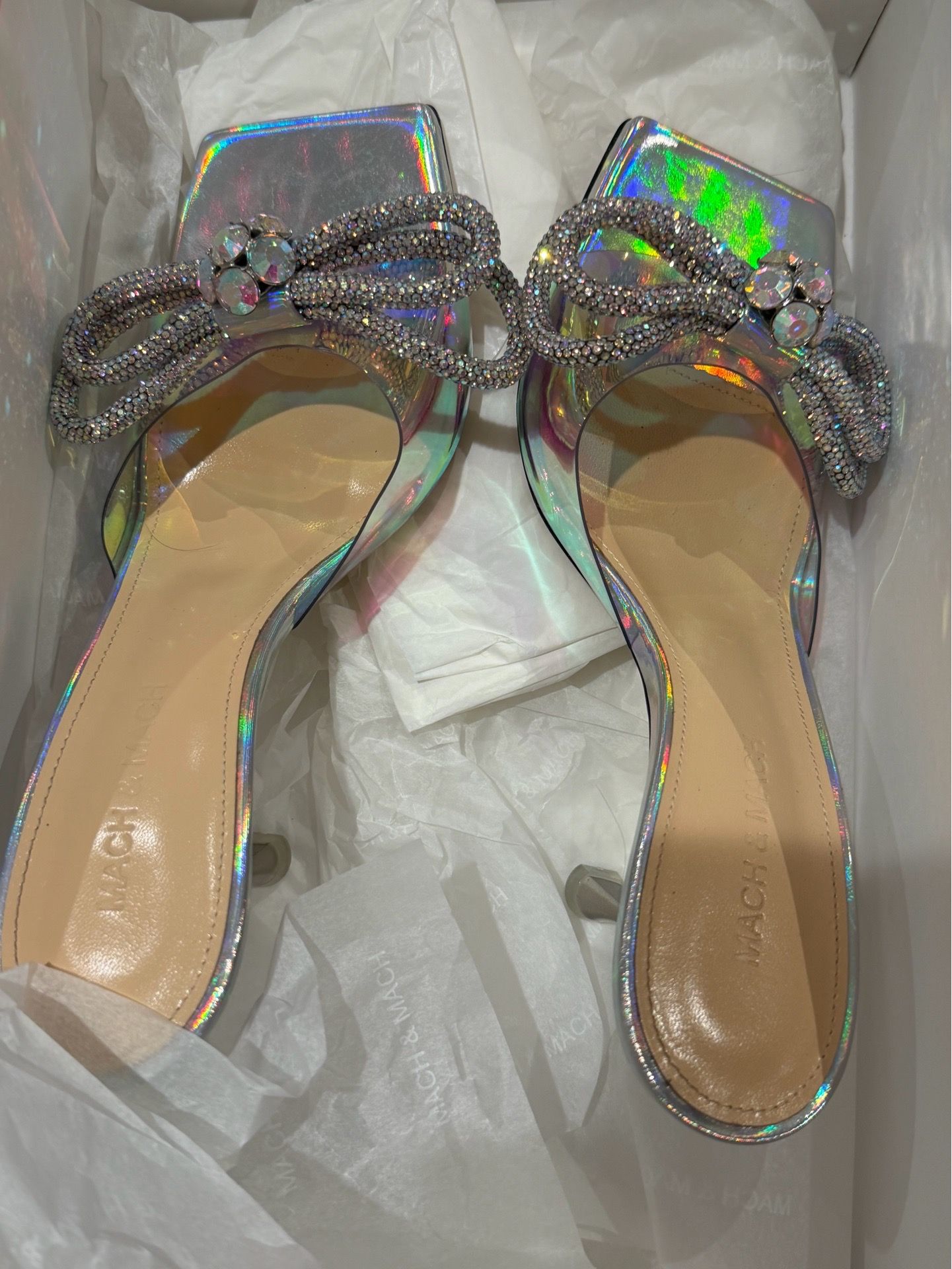 MACH & MACH Leather Double Bow Mules Iridescent Silver Size 37.5