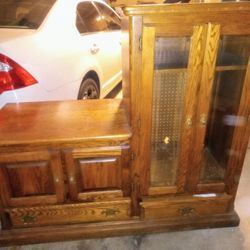 Vintage Wooden TV Unit W/ Glass Door Storage Cabinet