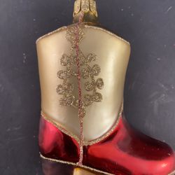 Blown Glass Glitter Cowboy Boot Christmas Tree Ornament Red & Gold