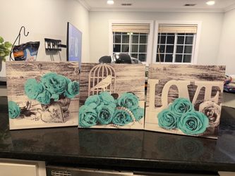 Set of 3 Teal Floral Canvas Wall Art – 10” × 10”
