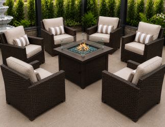 new in box  patio set  with fire pit