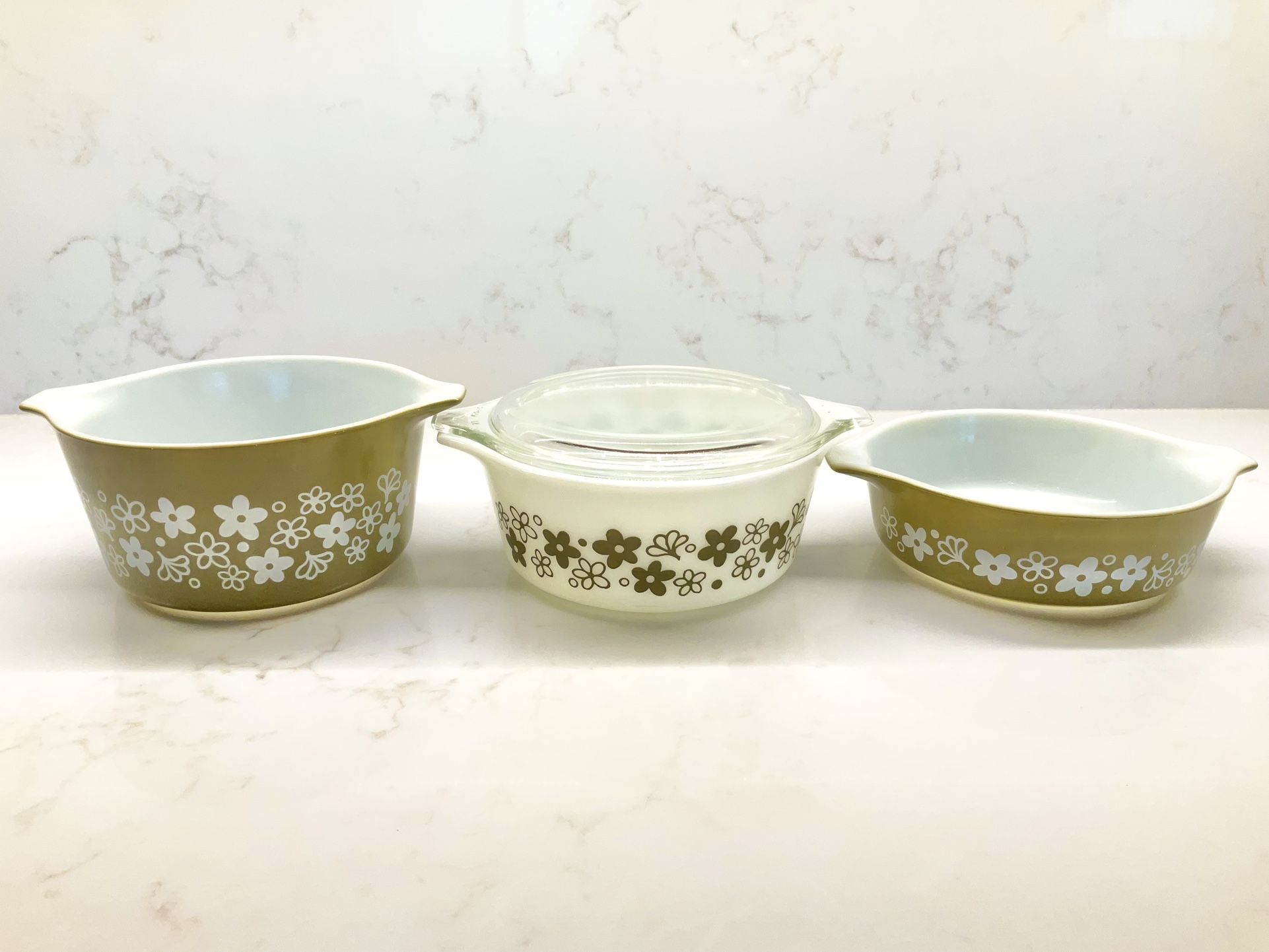 Vintage Green 70’s Style Pyrex Flower Set Of Three Nesting Bowls