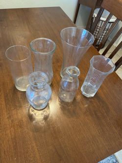 Set of 6 Glass Flower Vases 7- 9 Inches Tall, Various Sizes Brand New Many Uses