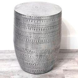 Drum Accent Table in Antique Silver with Tribal Pattern, - Like New