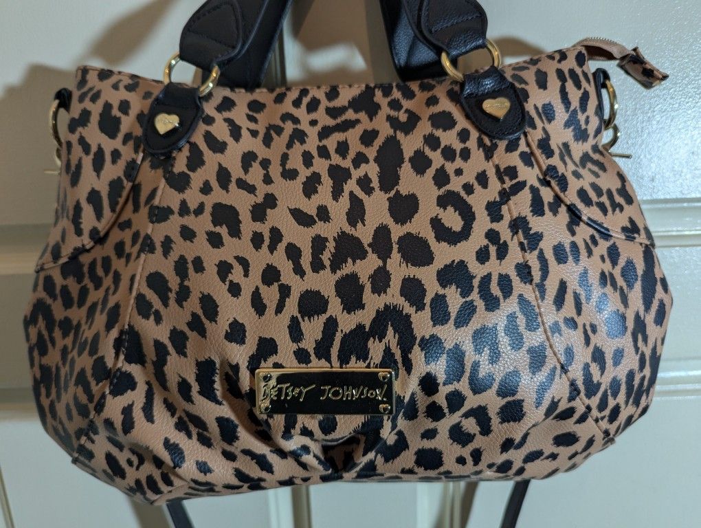 Betsey Johnson Leopard Cheetah Purse Handbag Black Tan medium large Vintage 