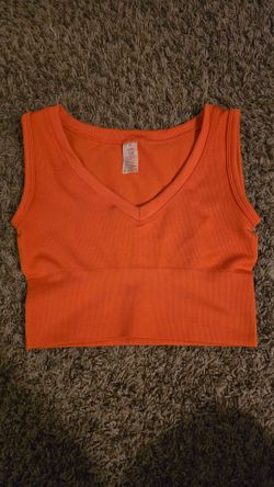 Orange Ribbed V-Neck Crop Tank Top