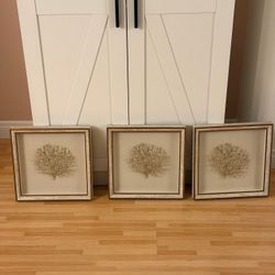 Set of 3 Gold Sea Fan Coral Shadow Box Wall Art Distressed Wood Frames