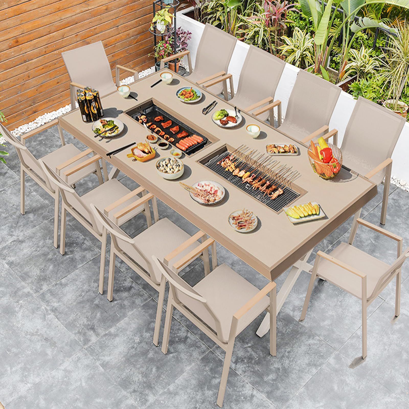 Patio BBQ Tables outdoor Dining Set L200 CM double Oven (electric and Charcoal)