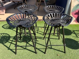 Set of 4 Industrial Tractor Seat Counter Stools, Adjustable Height, Cast Iron