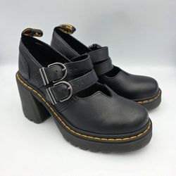 Dr. Martens Doc Eviee Black Chunky Leather Mary Janes Heels Women's US 6 EUR 37