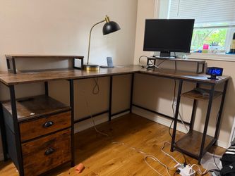 L-Shaped Rustic Industrial Desk with Shelves