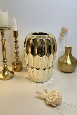 Elegant Gold Ceramic Decorative Vase, Modern Geometric Pattern, 10 Inch Tall