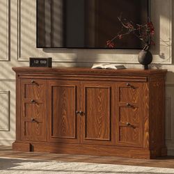 Sideboard Buffet Cabinet with Storage, 63" Large Credenza Kitchen Storage Cabinets with Drawer and Door, Wood Coffee Bar Table with Adjustable Shelf f