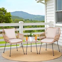 3 Piece Outdoor Wicker Bistro Set, Rattan Outdoor Furniture Wicker Patio Set with Coffee Table, Cushions and Lumbar Pillows