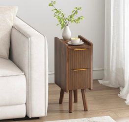 New-ELYKEN 7.9" Narrow Side Table, 20.6" H Fluted Nightstand with Drawers, Wooden Small End Table for Small Spaces, Modern Skinny Bedside Table, Slim 