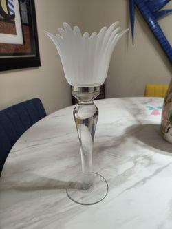 13-1/2" CRYSTAL CLEAR CANDLE STICK w FROSTED TULIP VOTIVE TOPS MADE ROMANIA