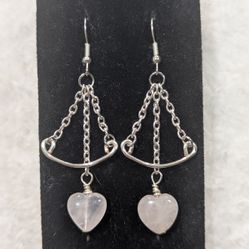 Handmade Rose Quartz Heart Cupid’s Bow Dangle Earrings 