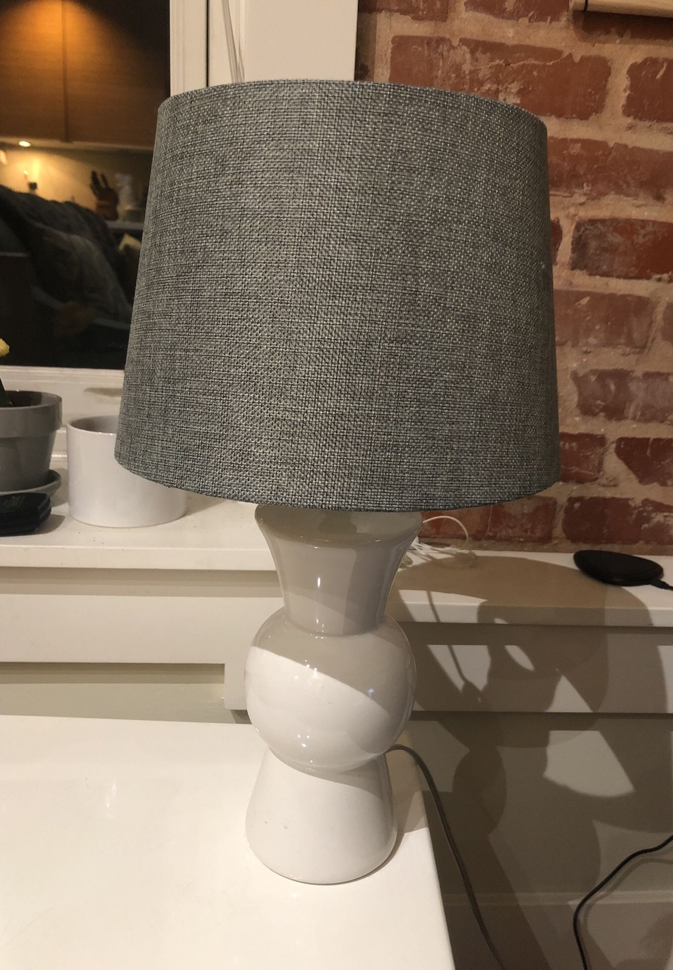 White table lamp with gray shade