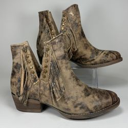 Circle G Brown silver Cowhide Leather Studded Fringe Western Booties Size 7.5
