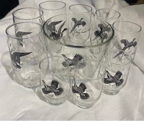 VINTAGE GAME BIRD GLASS SET W/ICE BOWL