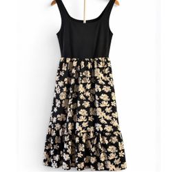 Lucky Brand Black Floral Dress L Sleeveless Tie Waist Midi New