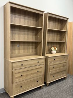 Set of 2, 3 Tier Bookshelf with 3 Drawers, 72" Tall Bookcase Large Farmhouse Display Book Case Shelf with 3-Tier Open Book Shelfs，Library Wood Bookshe