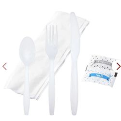 BULK HEAVY WEIGHT Cutlery Individually Wrapped White Plastic Cutlery Knife, Spoon, Fork Pack With Napkin And Salt And Pepper Packets - Extra Strong & 