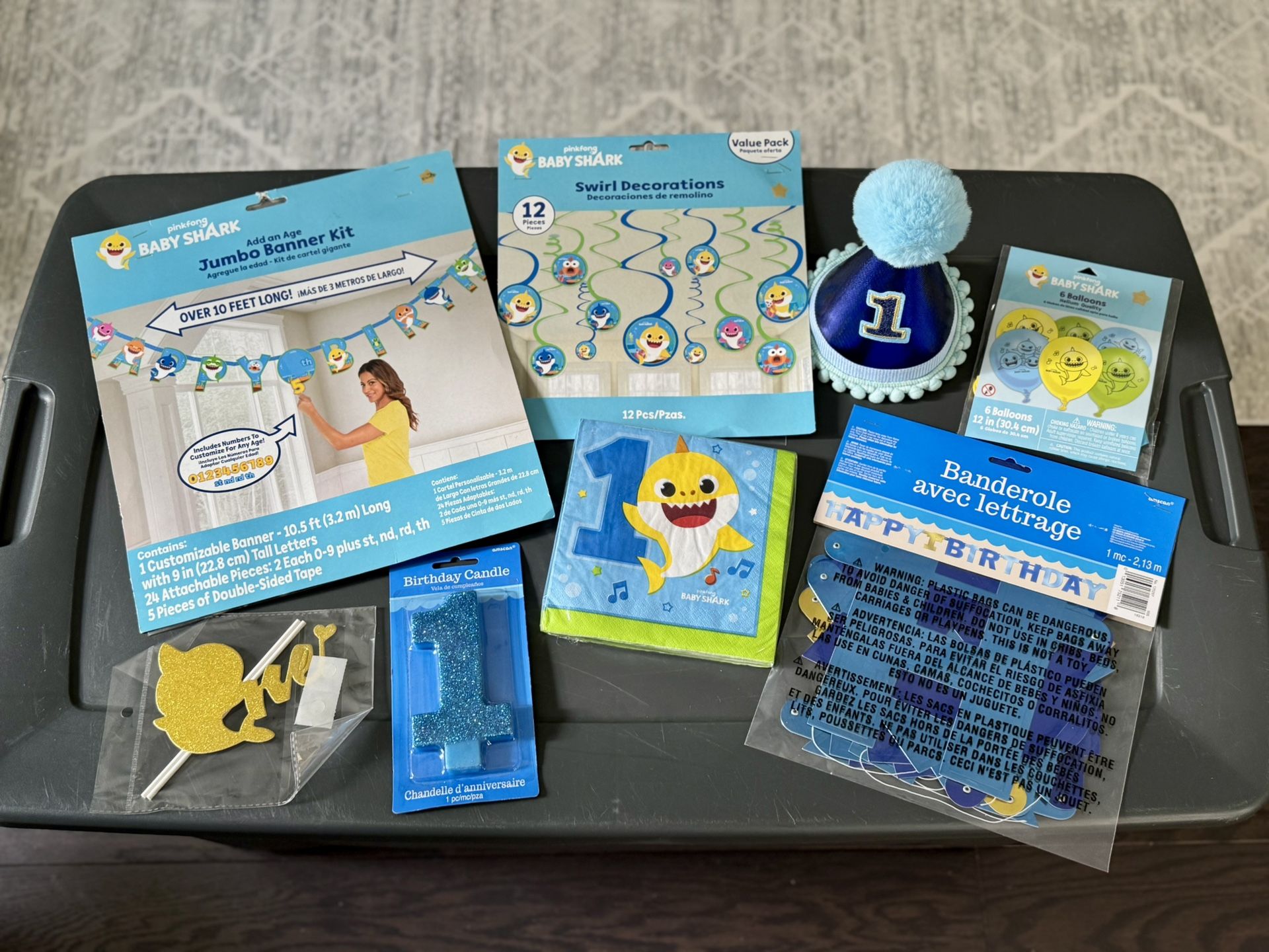 NEW! Baby Shark🦈First Birthday Party Supplies - Banner, Spiral Decorations, Napkins, Candle, Hat
